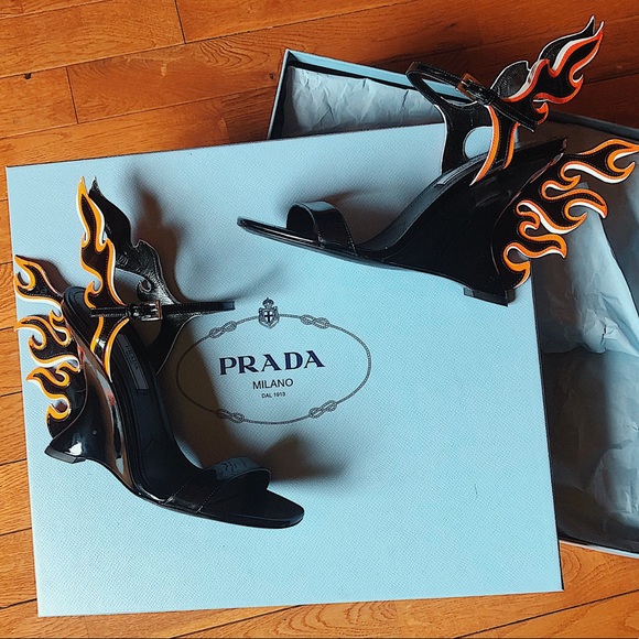 prada flame heels silver